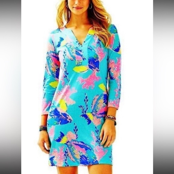 Lilly Pulitzer RIVA DRESS Shorely Blue Sandstorm FISH SEALIFE Sz S - Picture 1 of 15